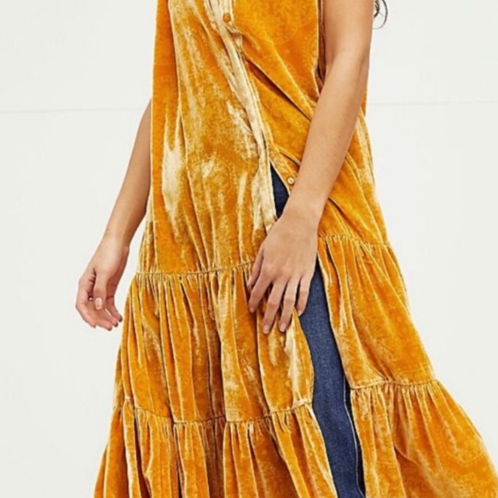 Free People Velvet Tiered Midi Dress in Mustard Yellow